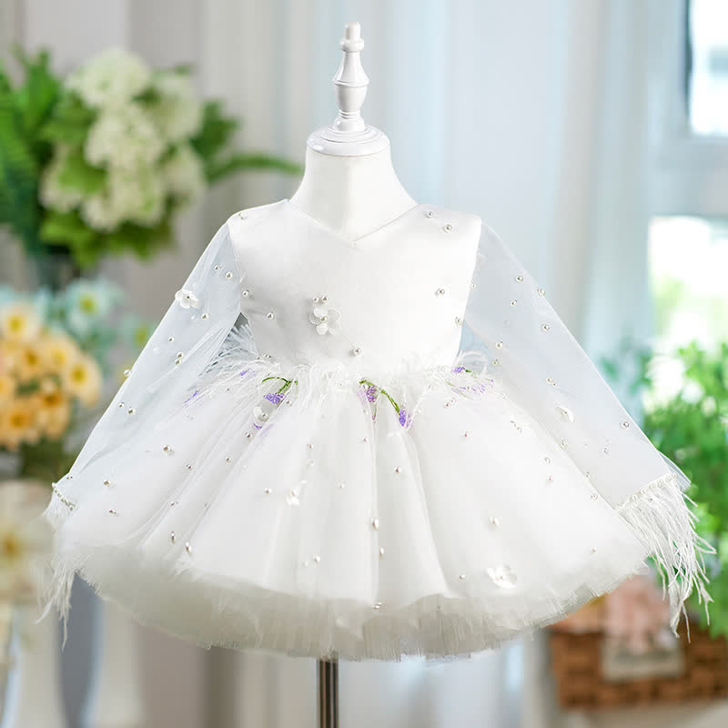 Mesh Embellished Feather-trimmed Long Sleeves Midi Dresses - White - 14-15Y - image 1