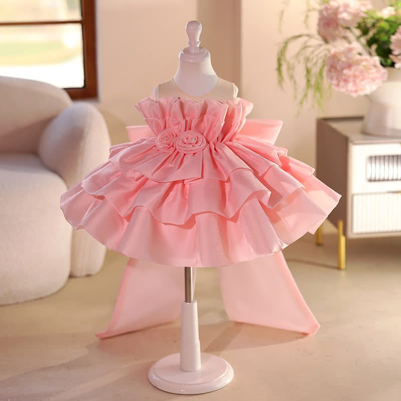 Organza Bow Sleeveless Midi Dresses - Pink - 11-13Y - image 1