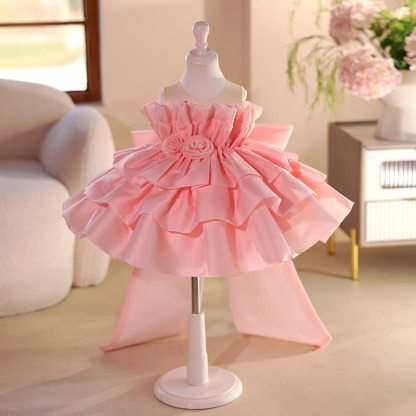 Organza Bow Sleeveless Midi Dresses - Pink - 11-13Y - image 1