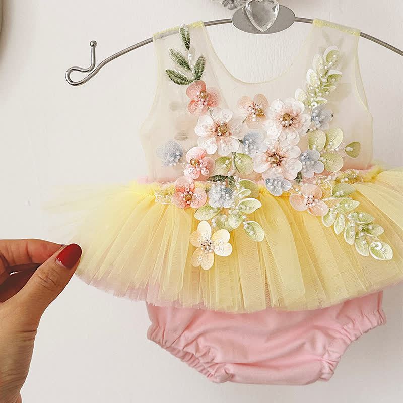 Mesh Applique Sleeveless Shorts Bodysuit - Yellow - 24M - image 10