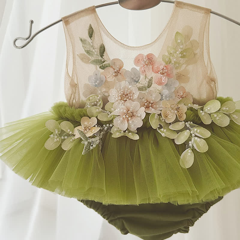 Mesh Applique Sleeveless Shorts Bodysuit - Green - 24M - image 8