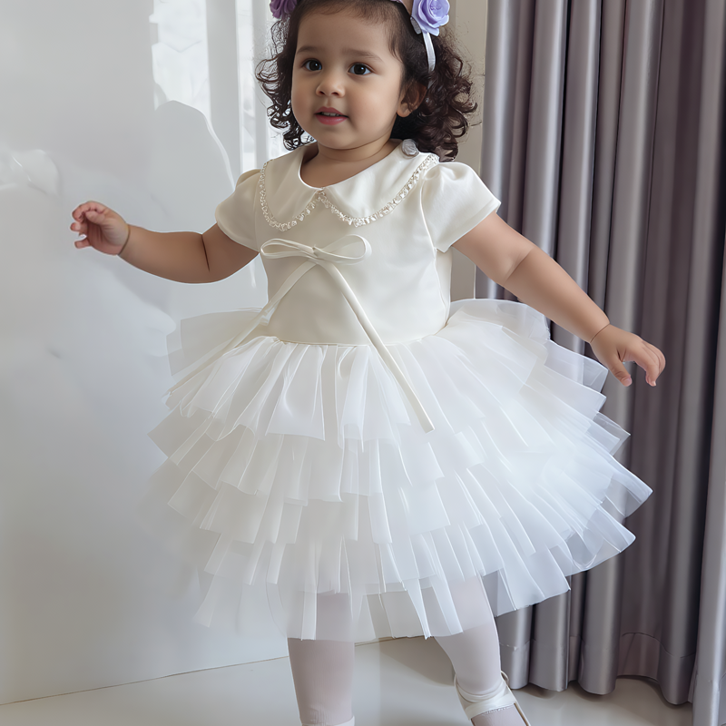 Satin Imitation Pearls Split Joint Folds Short Sleeve Midi Dresses - image 3