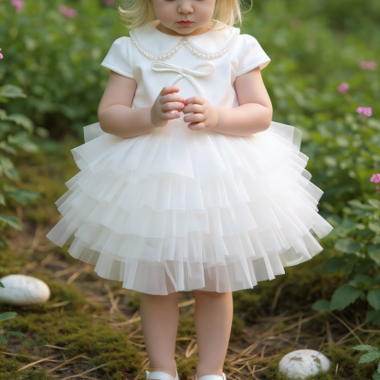 Satin Imitation Pearls Split Joint Folds Short Sleeve Midi Dresses - image 4