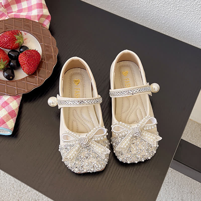 Solid Rhinestones Round Toe Flats  - Beige - US2（EUR33） - image 1