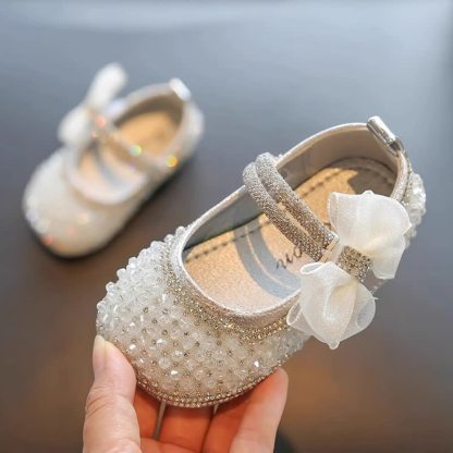 Solid Bow Rhinestones Round Toe Flats  - Sliver - 15.5CM - image 3