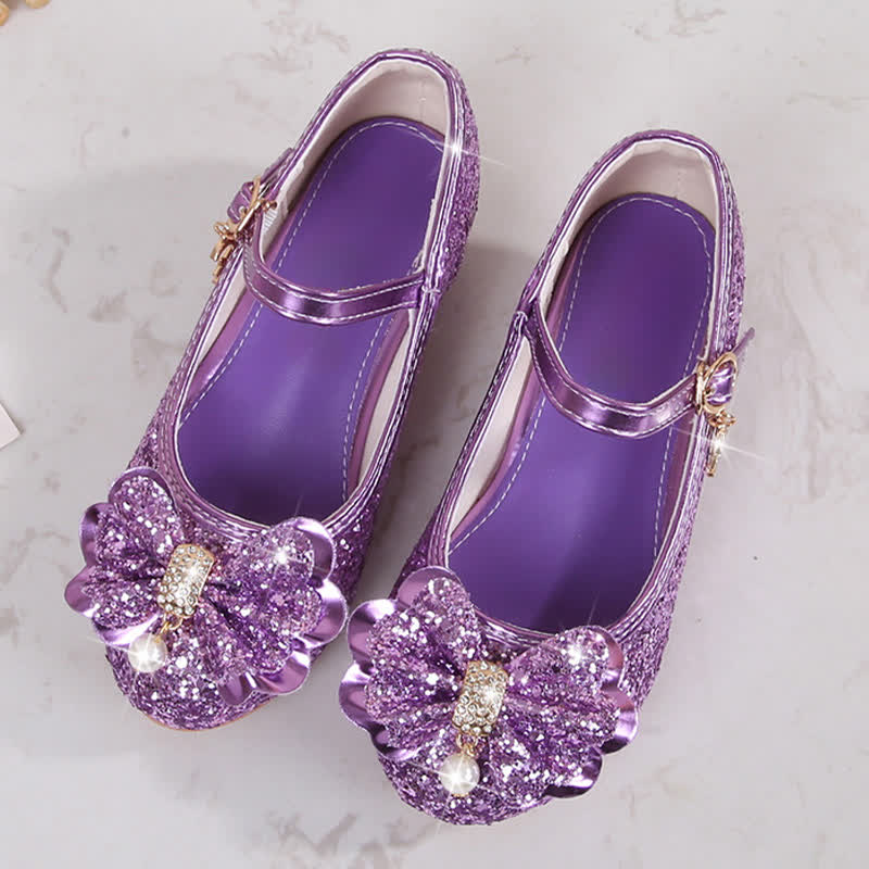 Solid Bow Sequins Round Toe Mary Janes  - Purple - 22cm - image 4