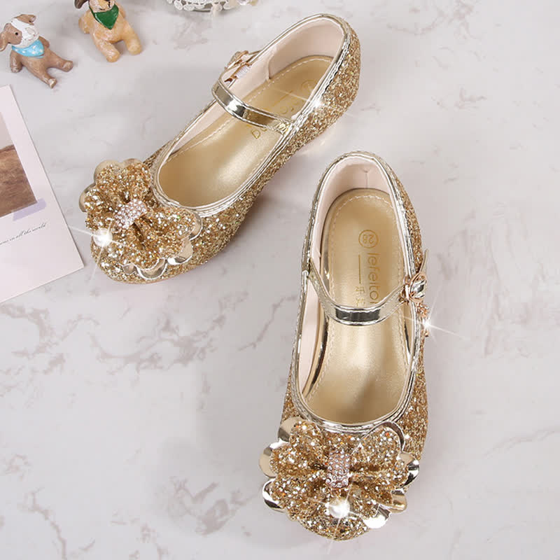 Solid Bow Sequins Round Toe Mary Janes  - Golden - 22cm - image 1