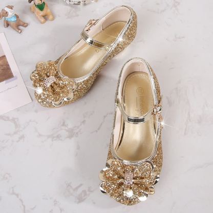 Solid Bow Sequins Round Toe Mary Janes  - Golden - 22cm - image 1