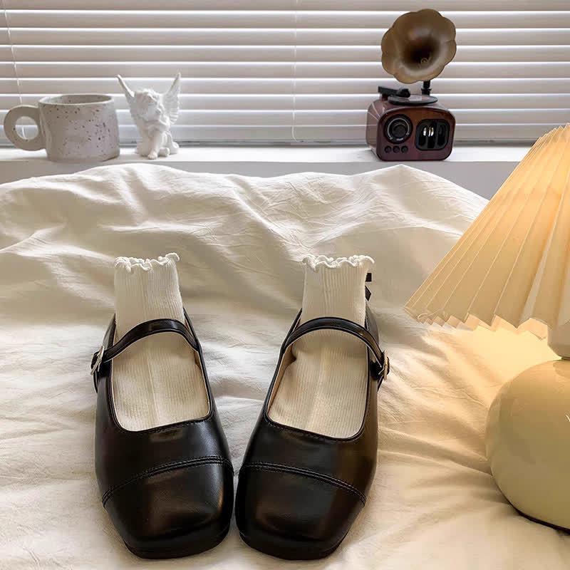 Solid Metallic Finish Square Toe Mary Janes  - Black - US4（EUR36） - image 7