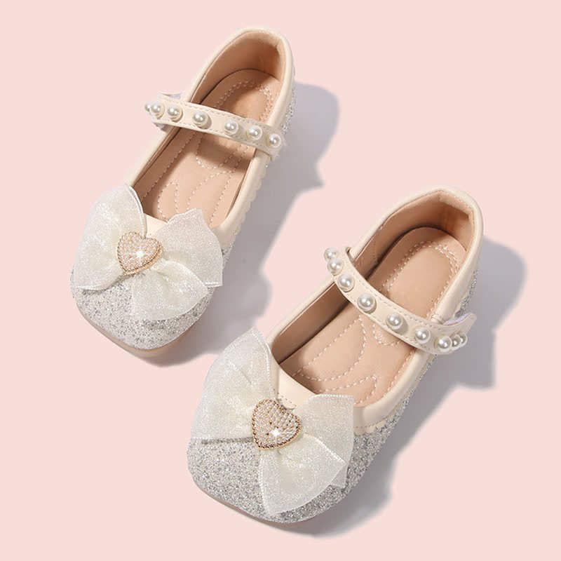 Solid Bow Sequins Pearl Round Toe Mary Janes  - Beige - 22cm - image 12
