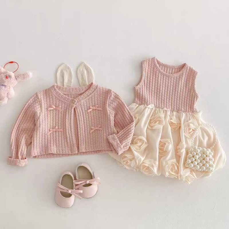 Cotton-blend Rosette Long Sleeve Midi Two-piece Set - Pink - 4-5Y - image 1