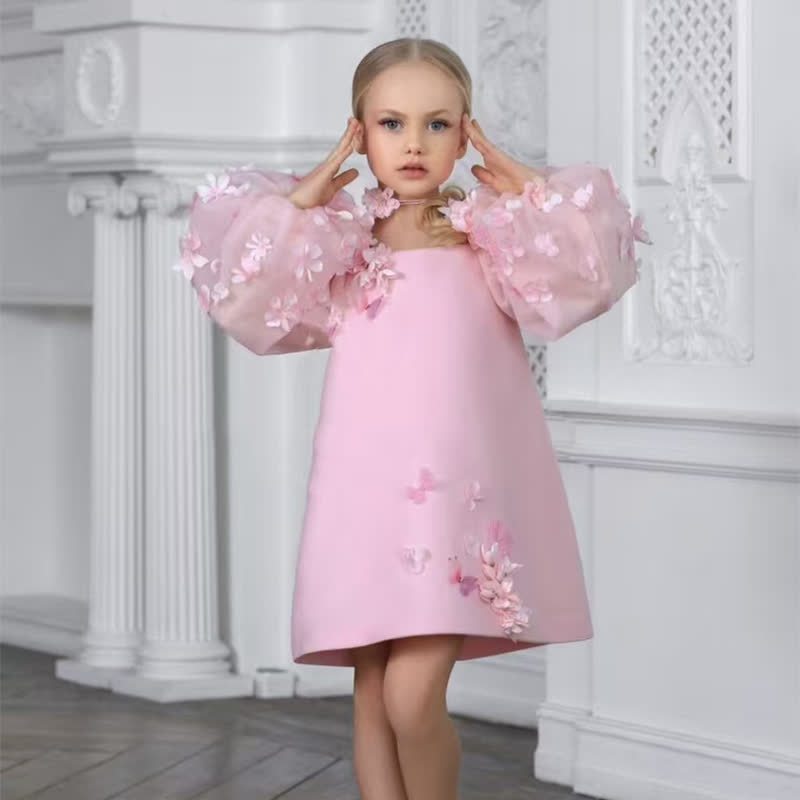 [Archive Sale] Organza Rosette Long Sleeve Midi Dresses - Pink - 5-6Y【110cm】 - image 1