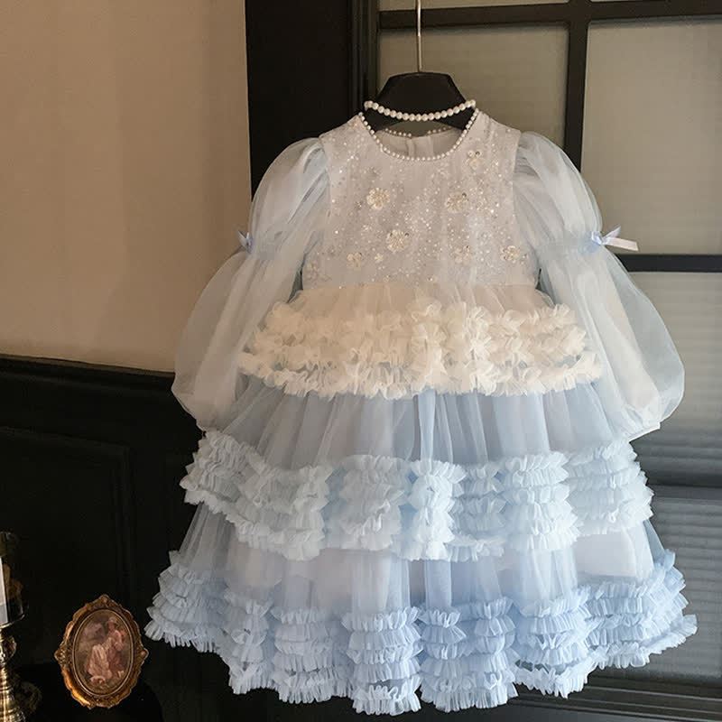 [Archive Sale] Mesh Sequins Folds Long Sleeve Mid-long Dresses - image 4