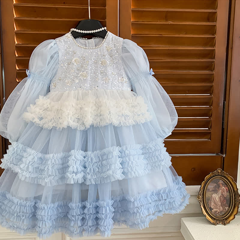 [Archive Sale] Mesh Sequins Folds Long Sleeve Mid-long Dresses - image 3