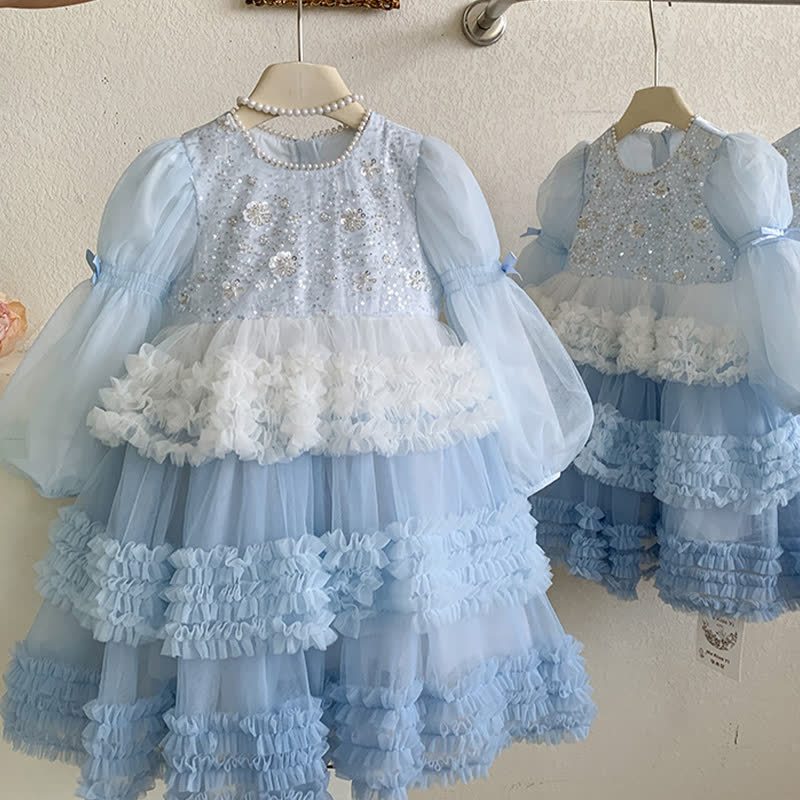 [Archive Sale] Mesh Sequins Folds Long Sleeve Mid-long Dresses - image 2