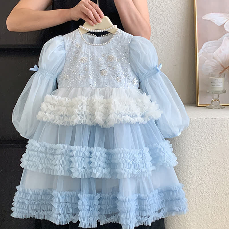 [Archive Sale] Mesh Sequins Folds Long Sleeve Mid-long Dresses - Blue - 5-6Y【110cm】 - image 1