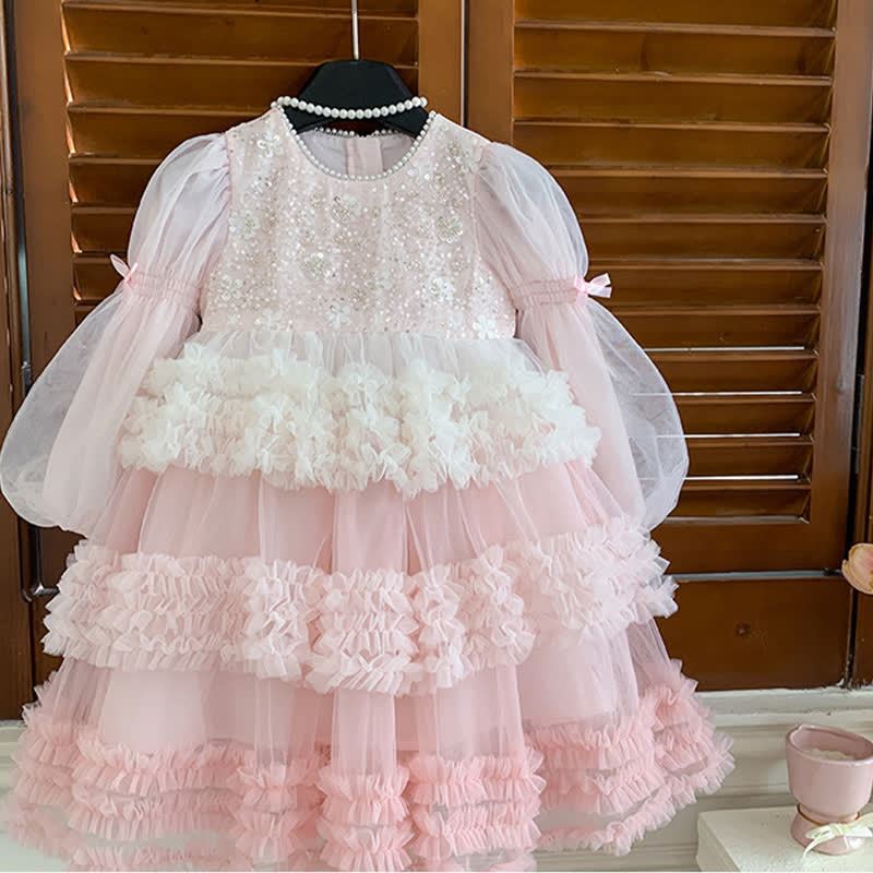 [Archive Sale] Mesh Sequins Folds Long Sleeve Mid-long Dresses - image 12