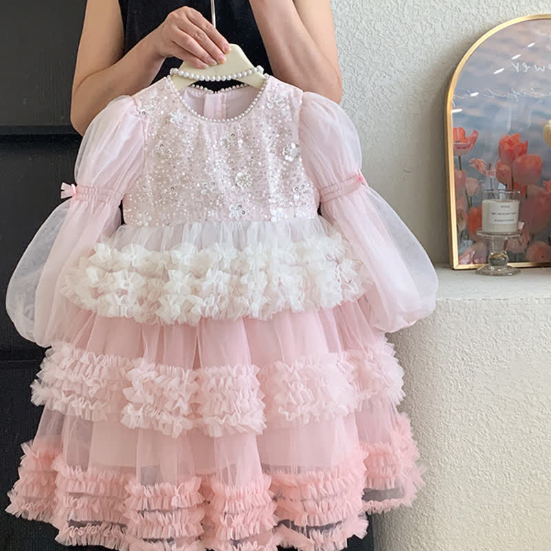 [Archive Sale] Mesh Sequins Folds Long Sleeve Mid-long Dresses - image 10