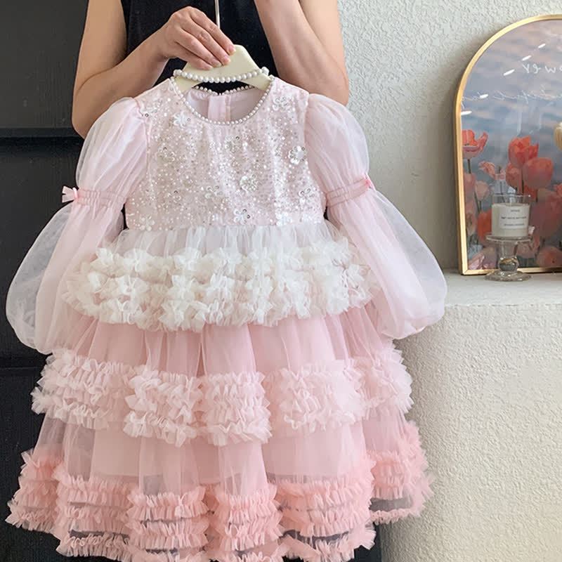 [Archive Sale] Mesh Sequins Folds Long Sleeve Mid-long Dresses - image 10