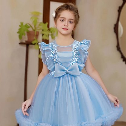Organza Lace Bow Sleeveless Midi Dresses - Blue - 9-10Y - image 1