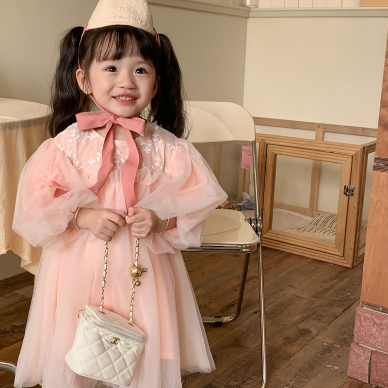 Mesh Split Joint Long Sleeve Maxi Dresses - Pink - 7-8Y - image 7