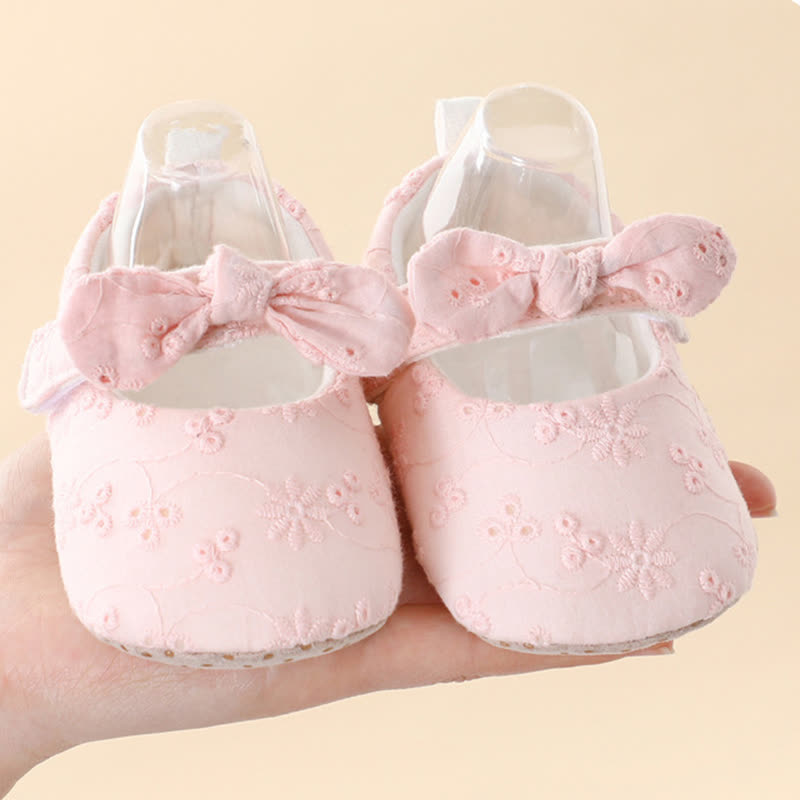 Solid Bow Embroidery Ballet Round Toe Mary Janes - Pink Bow - 11-15M - image 3