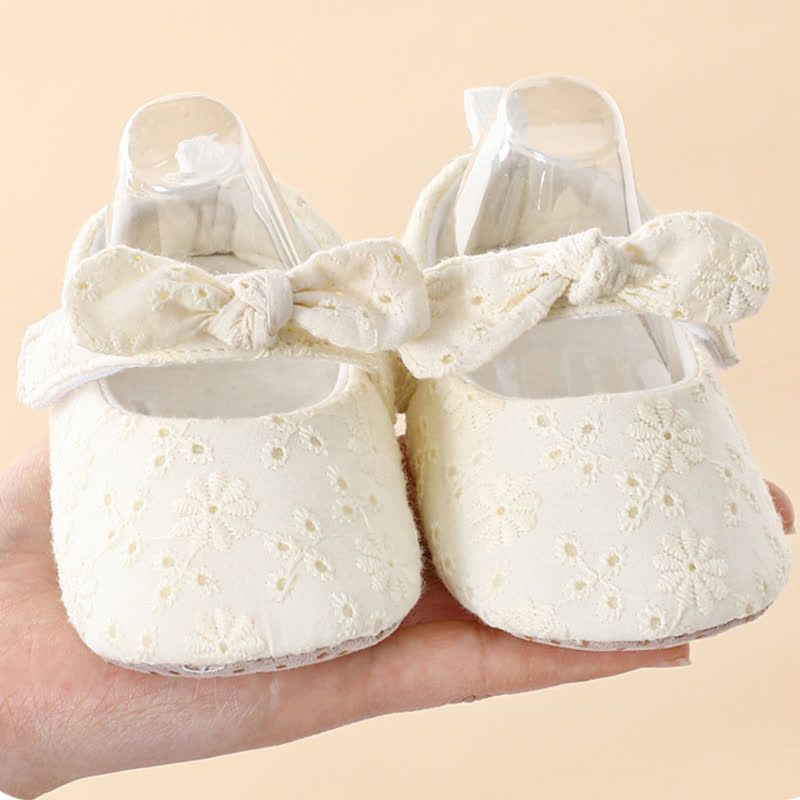 Solid Bow Embroidery Ballet Round Toe Mary Janes - Beige Bow - 11-15M - image 4