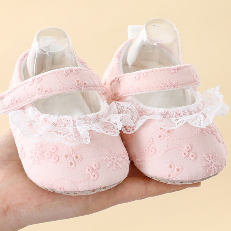 Solid Bow Embroidery Ballet Round Toe Mary Janes - Pink Lace - 11-15M - image 5