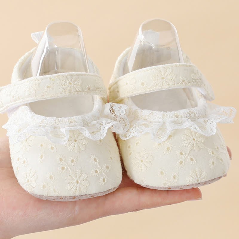 Solid Bow Embroidery Ballet Round Toe Mary Janes - Beige Lace - 11-15M - image 6