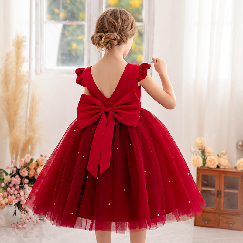 Mesh Bow Sleeveless Midi Dresses - Red - 9Y - image 17