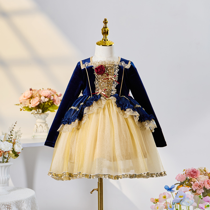 Velvet Folds Long Sleeve Midi Dresses - Blue&Yellow - 9-11Y - image 1