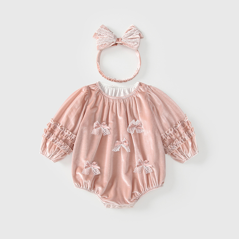 [Archive Sale] Velvet Bow Long Sleeve Regular Bodysuit - Pink - 73-80cm - image 1