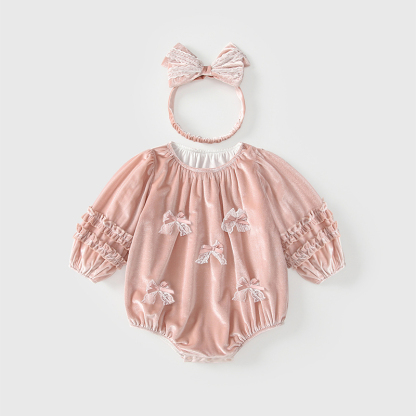 [Archive Sale] Velvet Bow Long Sleeve Regular Bodysuit - Pink - 73-80cm - image 1