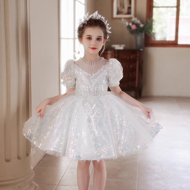 [Archive Sale] Mesh Sequins Short Sleeve Mid-long Dresses - White - 3-4Y【110cm】 - image 1