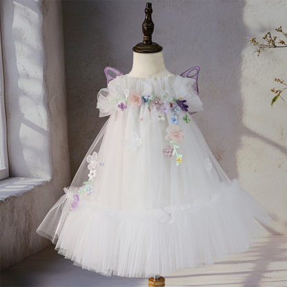 Mesh Rosette Sleeveless Mid-long Dresses - White - 4-6Y - image 1