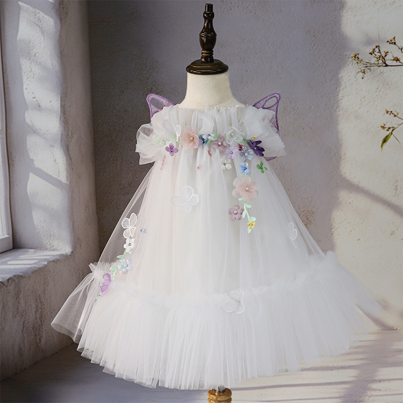 Mesh Rosette Sleeveless Mid-long Dresses - White - 4-6Y - image 1