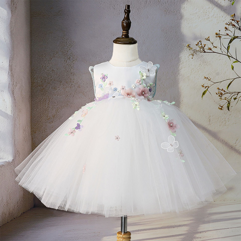 Mesh Rosette Sleeveless Mid-long Dresses - White - 15-16Y - image 1