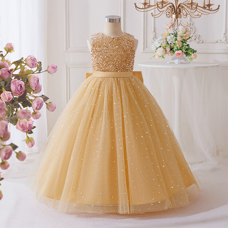Mesh Sequins Sleeveless Maxi Dresses - Champagne - 12Y - image 1