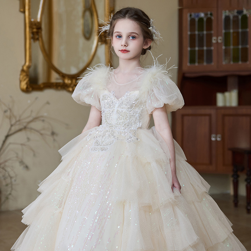 [Archive Sale] Mesh Sequins Feather-trimmed Short Sleeve Maxi Dresses - Champagne - 3-4Y【110cm】 - image 1