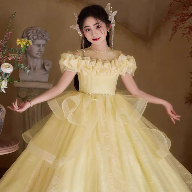 [Archive Sale] Chemical Fiber Blend Folds Short Sleeve Maxi Dresses - Yellow - 3-4Y【110cm】 - image 1