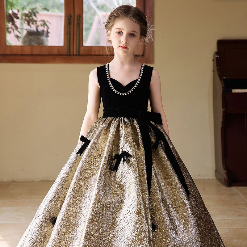 Velvet Bow Sleeveless Maxi Dresses - Black&Golden - 11-14Y - image 1