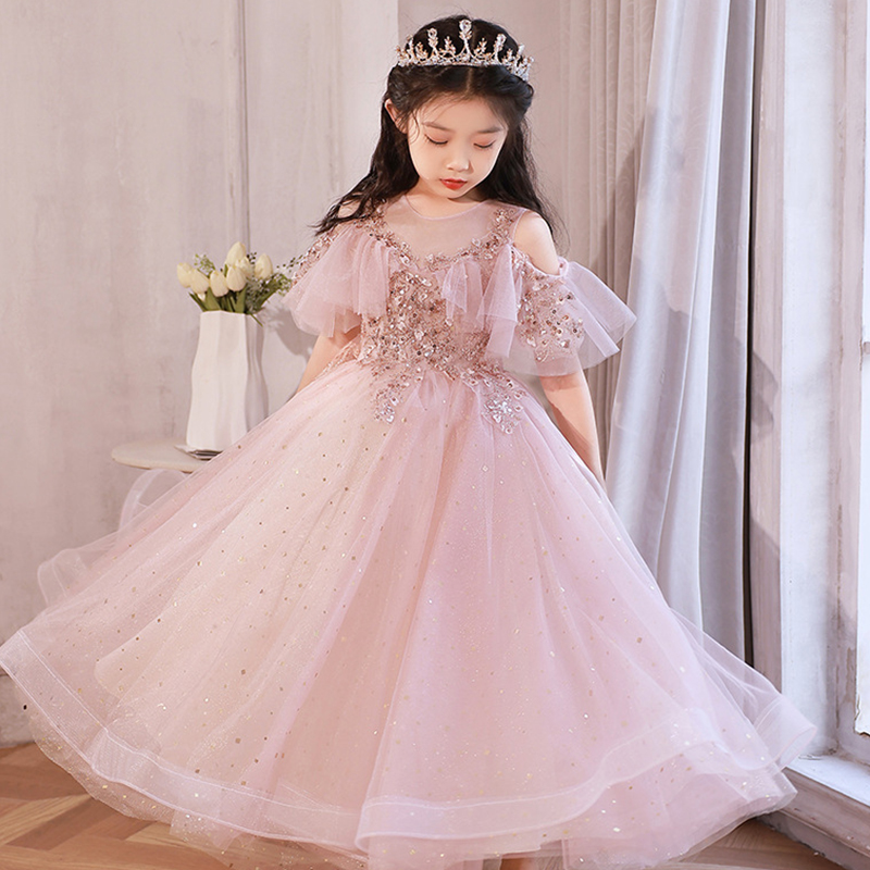 Mesh Sequins Lantern Sleeve Maxi Dresses - Pink - 11-14Y - image 1