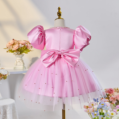 Mesh Bow Imitation Pearls Short Sleeve Mid-long Dresses - image 2