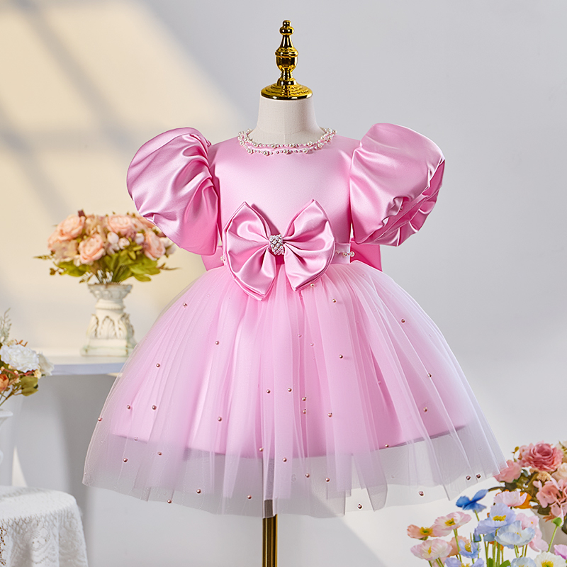 Mesh Bow Imitation Pearls Short Sleeve Mid-long Dresses - Pink - 15-16Y - image 1