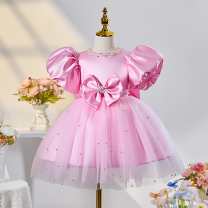 Mesh Bow Imitation Pearls Short Sleeve Mid-long Dresses - Pink - 15-16Y - image 1