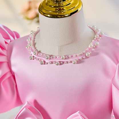 Mesh Bow Imitation Pearls Short Sleeve Mid-long Dresses - image 4