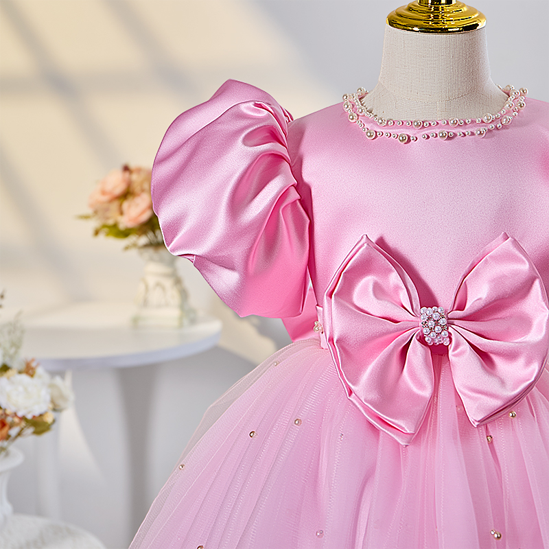 Mesh Bow Imitation Pearls Short Sleeve Mid-long Dresses - image 3