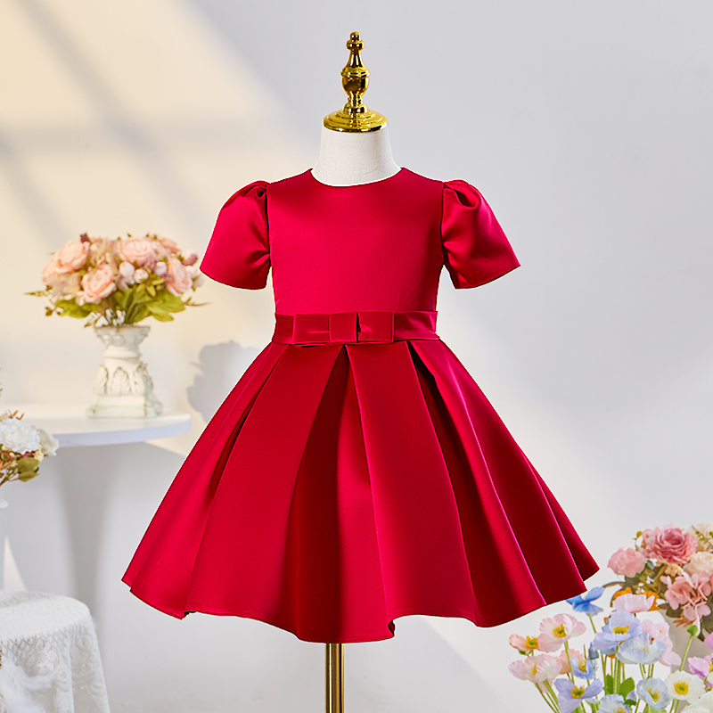 [Archive Sale] Satin Bow Short Sleeve Midi Dresses - Red - 3-4Y - image 1