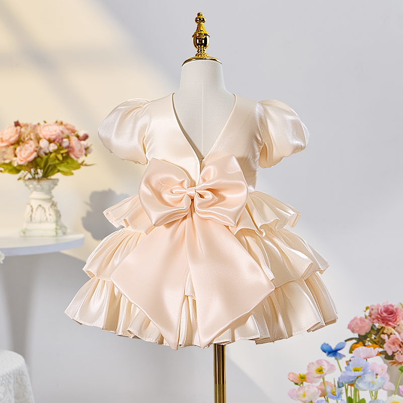 Satin Bow Folds Short Sleeve Midi Dresses - image 4