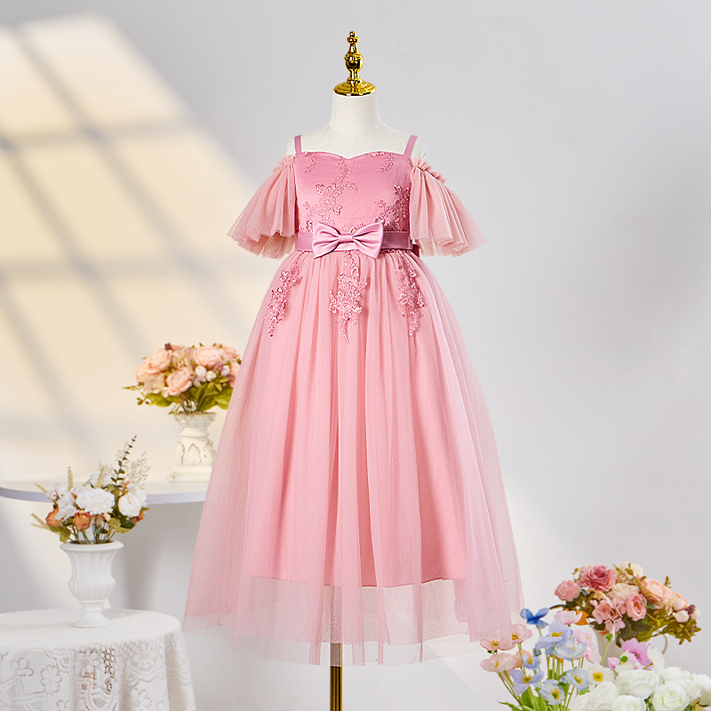 Mesh Bow Lace Short Sleeve Maxi Dresses - Pink - 14Y - image 1